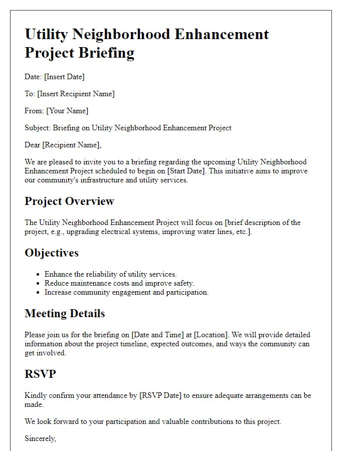 Letter template of utility neighborhood enhancement project briefing