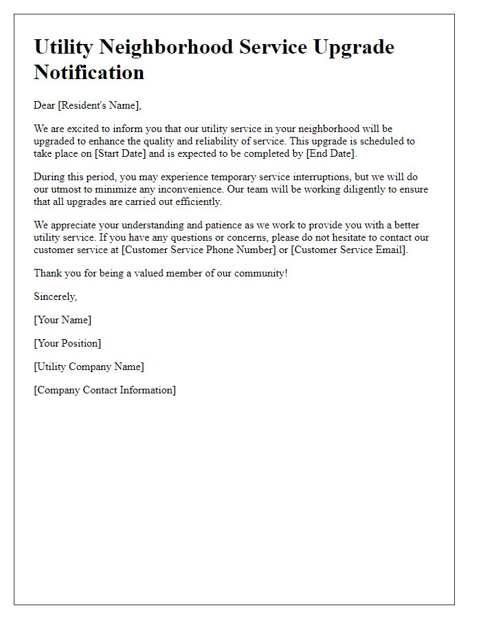 Letter template of utility neighborhood service upgrade notification