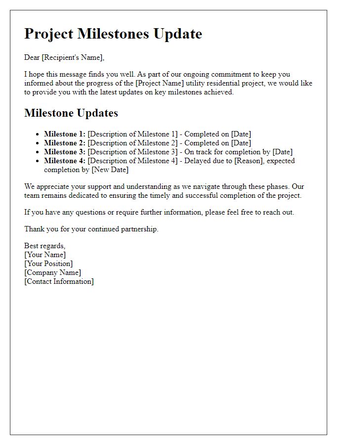 Letter template of utility residential project milestones update