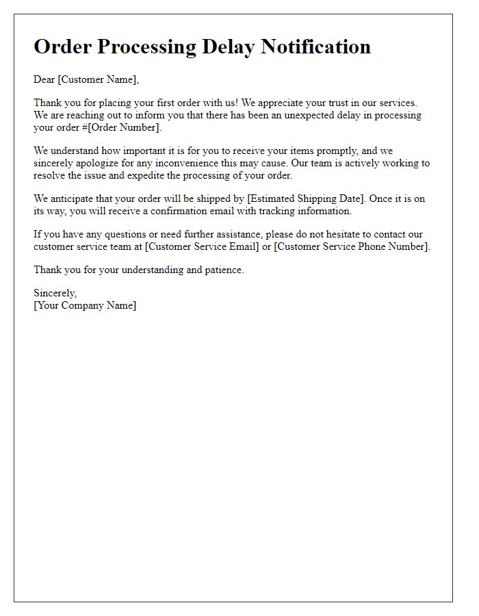 Letter template of order processing delay notification for first-time buyers.