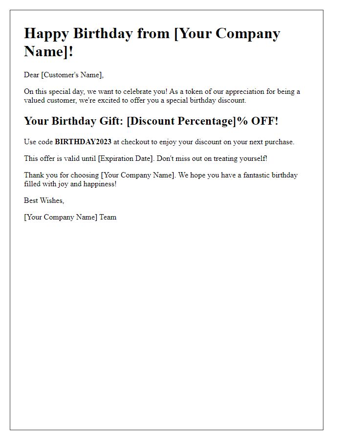 Letter template of birthday discount code offer for personalized greetings