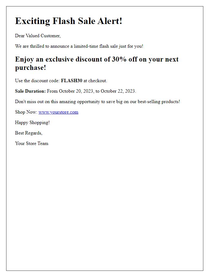 Letter template of flash sale discount code notification for quick access
