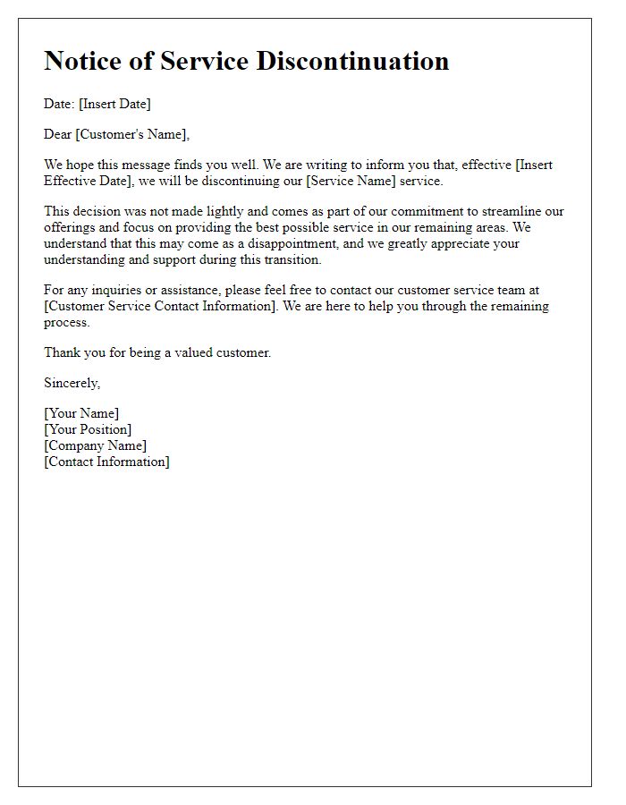 Letter template of discontinuing service update.