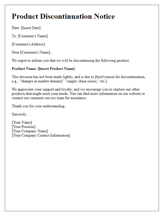 Letter template of product discontinuation notice.