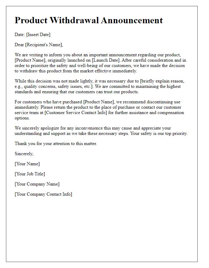 Letter template of product withdrawal announcement.