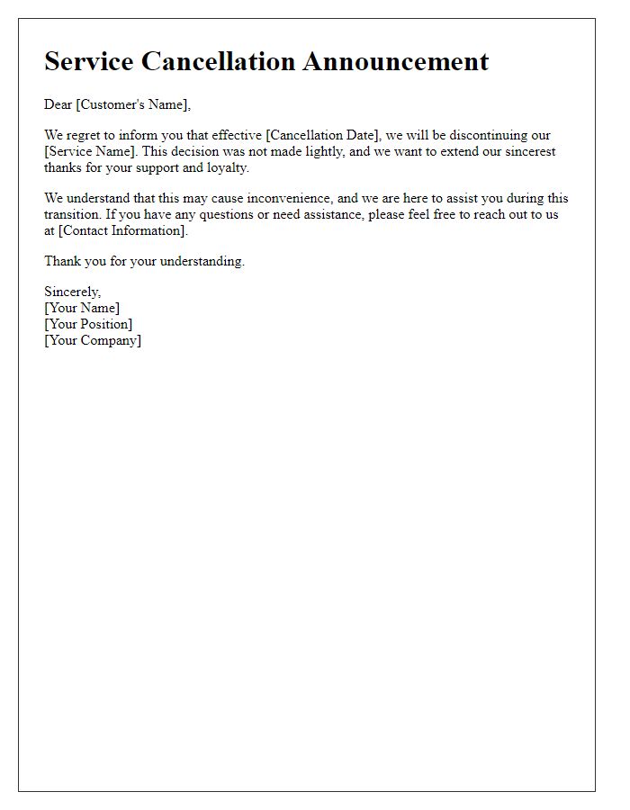 Letter template of service cancellation announcement.