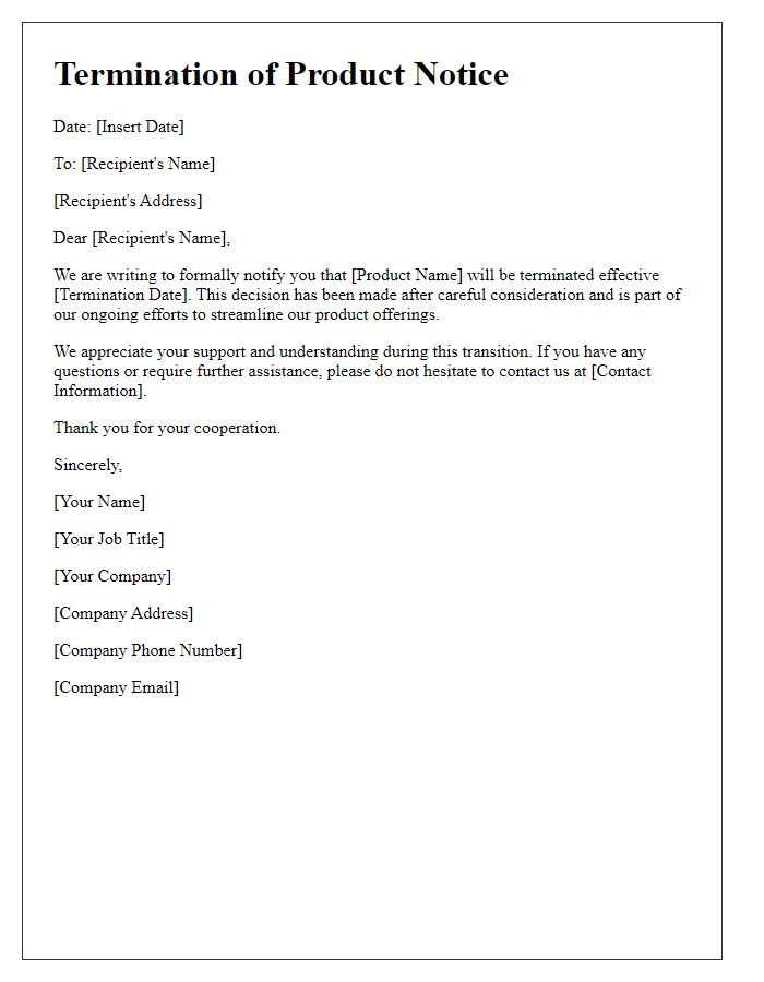 Letter template of termination of product notice.