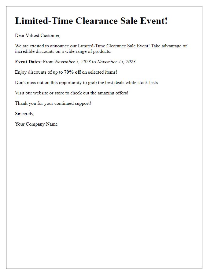 Letter template of Limited-Time Clearance Sale Event