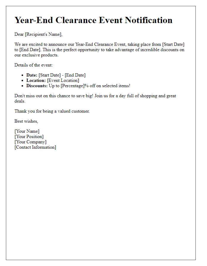 Letter template of Year-End Clearance Event Notification