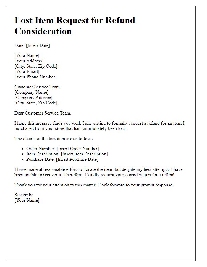 Letter template of Lost Item Request for Refund Consideration