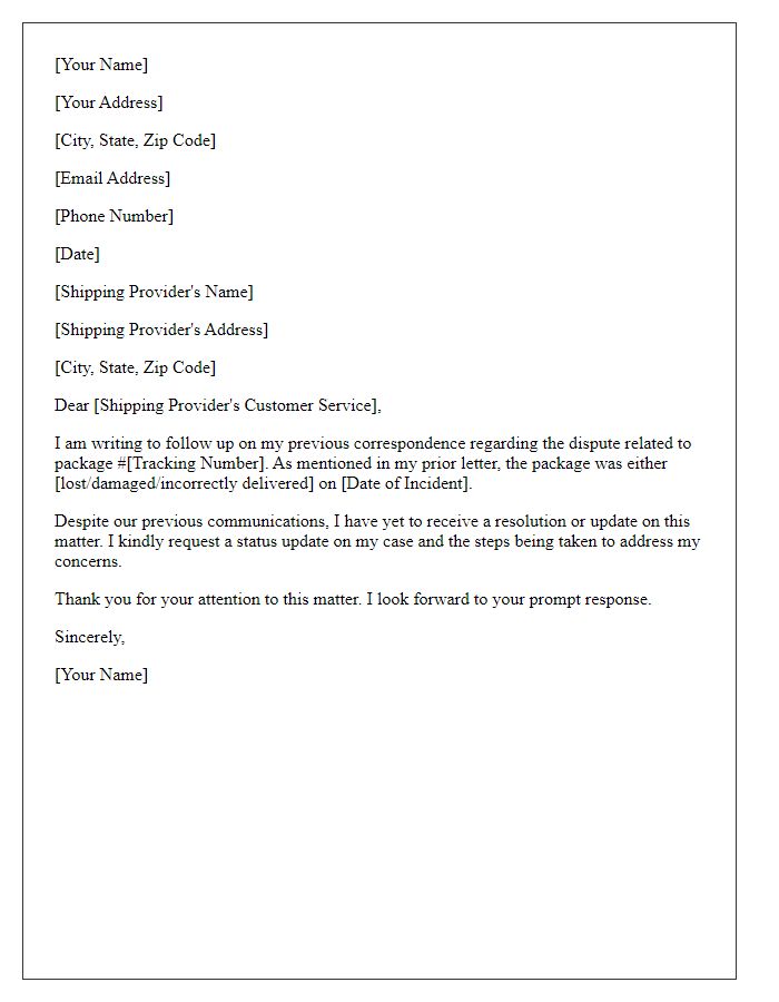 Letter template of Package Dispute Follow-Up for Shipping Provider