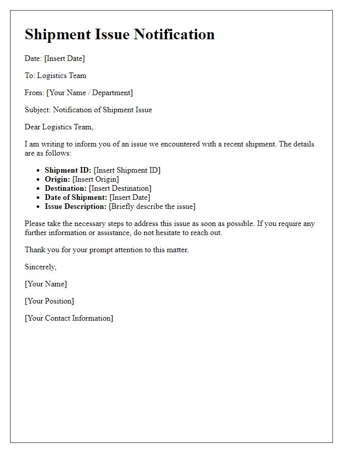 Letter template of Shipment Issue Notification for Logistics Team