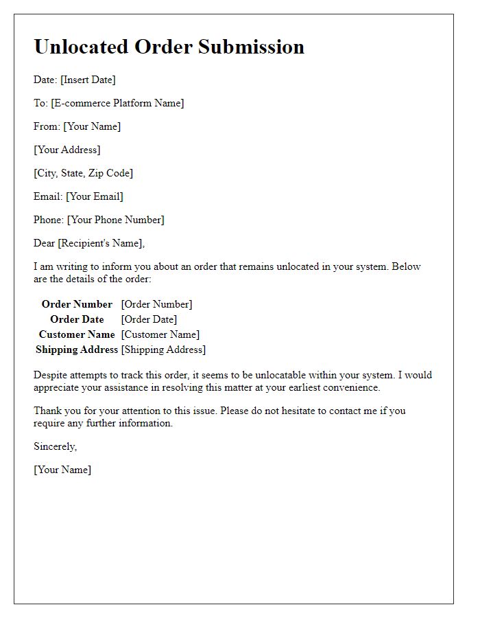 Letter template of Unlocated Order Submission for E-commerce Platform