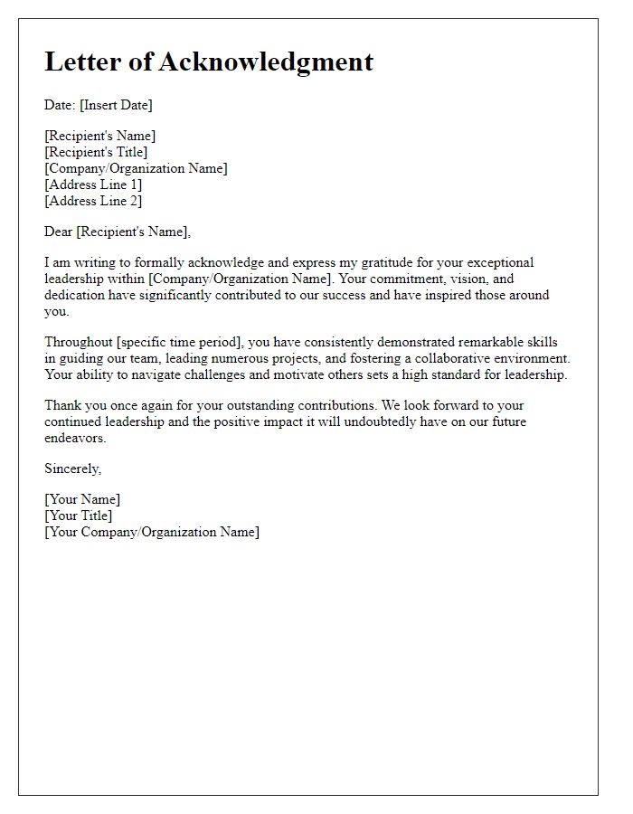 Letter template of Acknowledgment for Exceptional Leadership