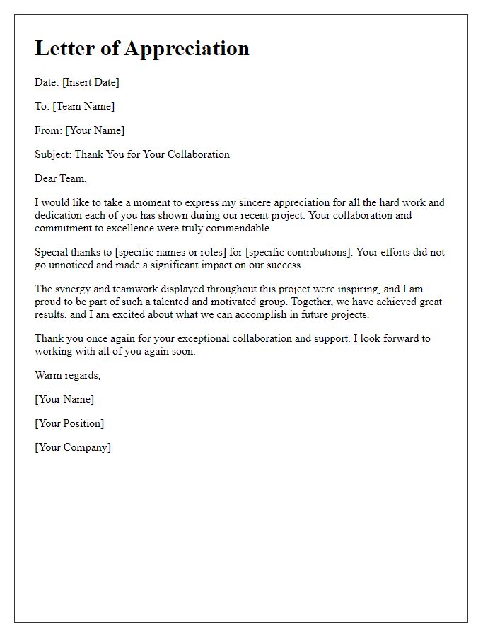 Letter template of Appreciation for Team Collaboration