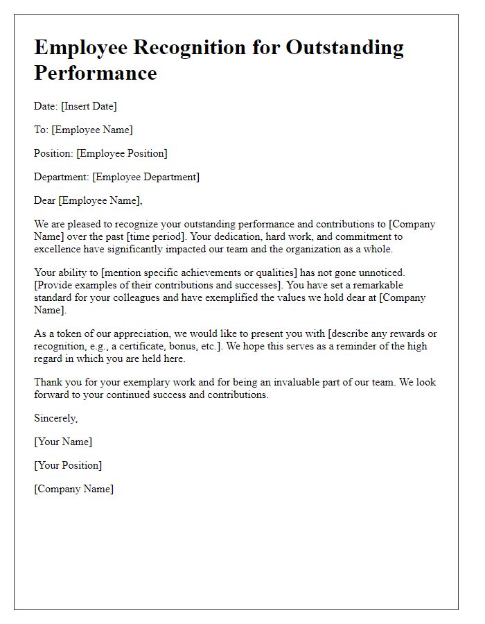 Letter template of Employee Recognition for Outstanding Performance