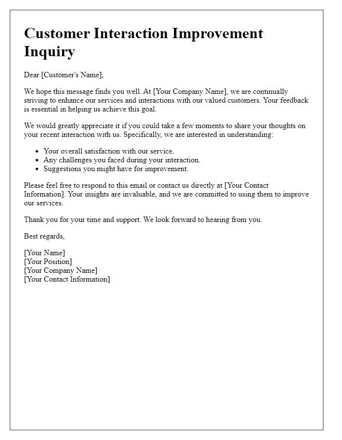 Letter template of customer interaction improvement inquiry