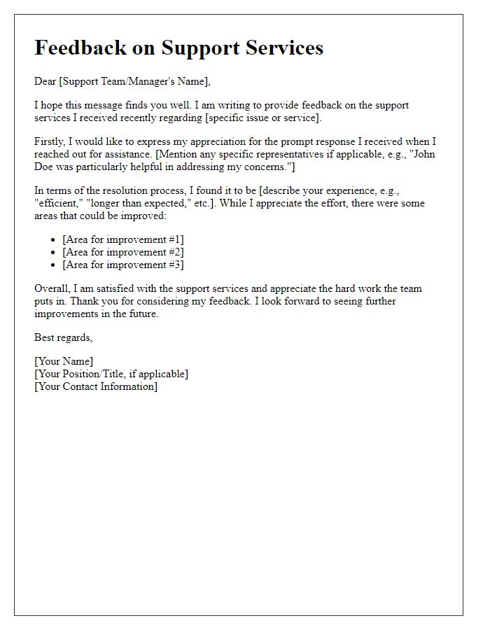 Letter template of feedback on support services