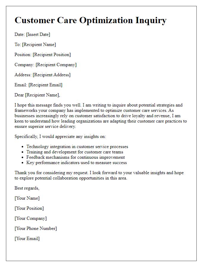 Letter template of inquiry regarding customer care optimization