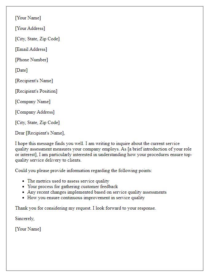 Letter template of inquiry for service quality assessment
