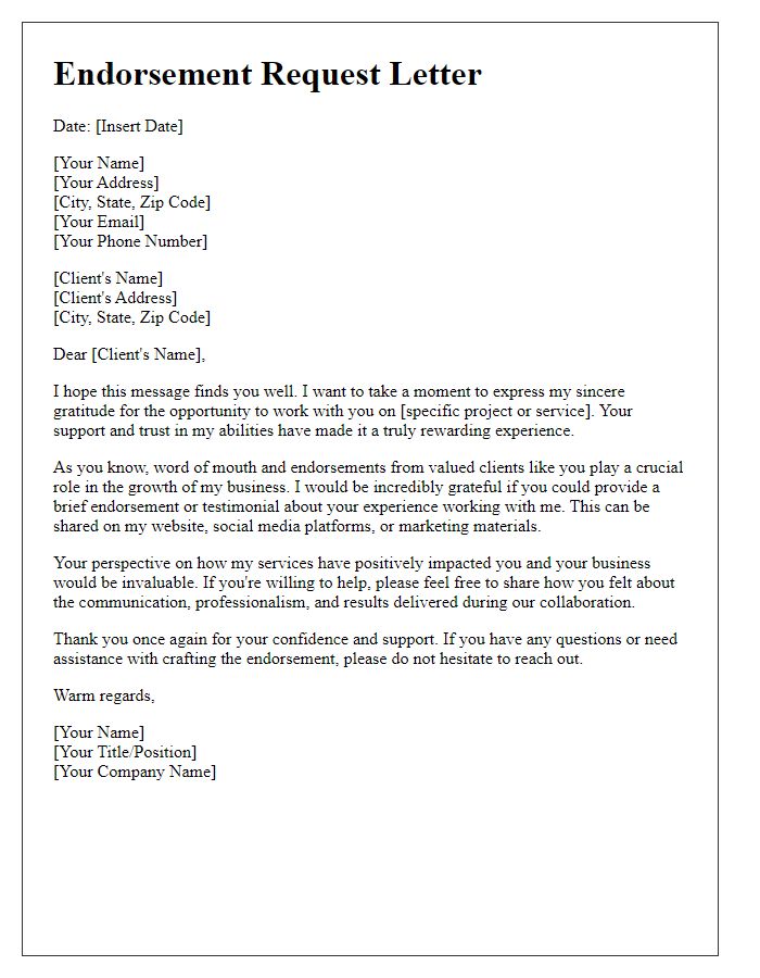 Letter template of endorsement request from satisfied clients