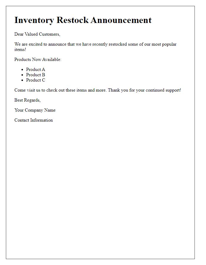 Letter template of inventory restock announcement