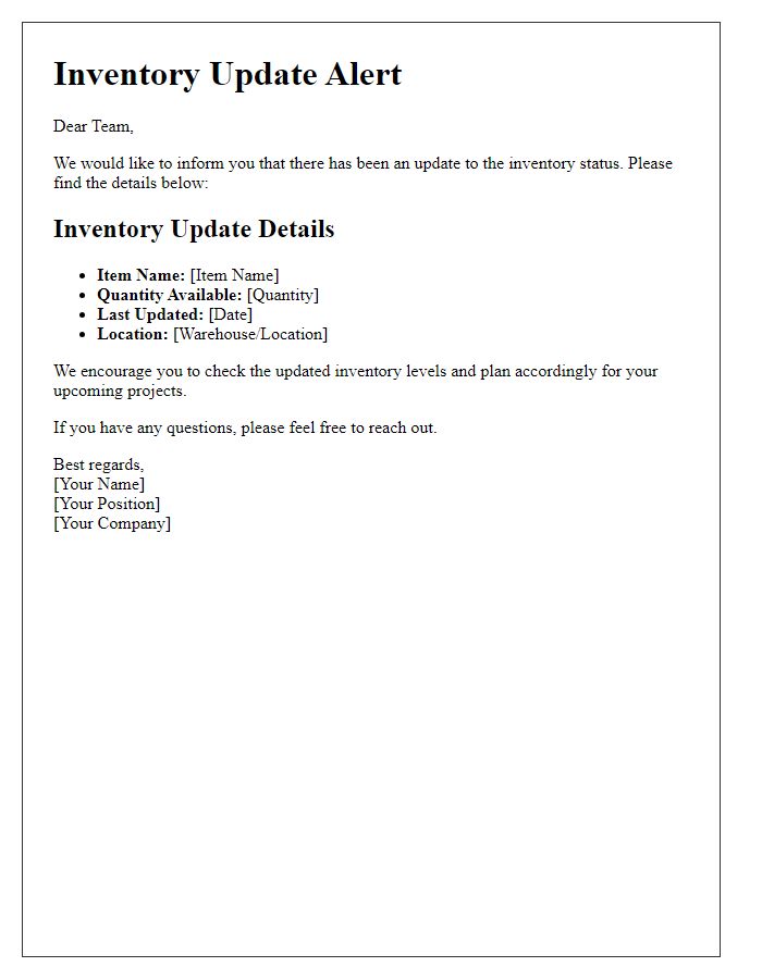 Letter template of inventory update alert