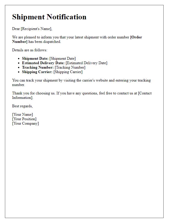 Letter template of latest shipment notification