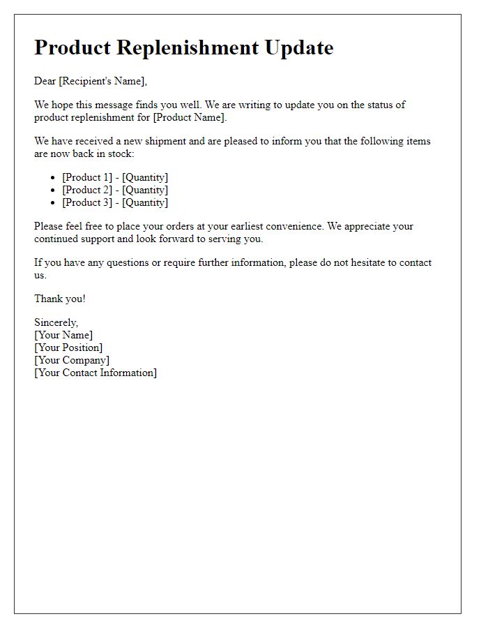 Letter template of product replenishment update