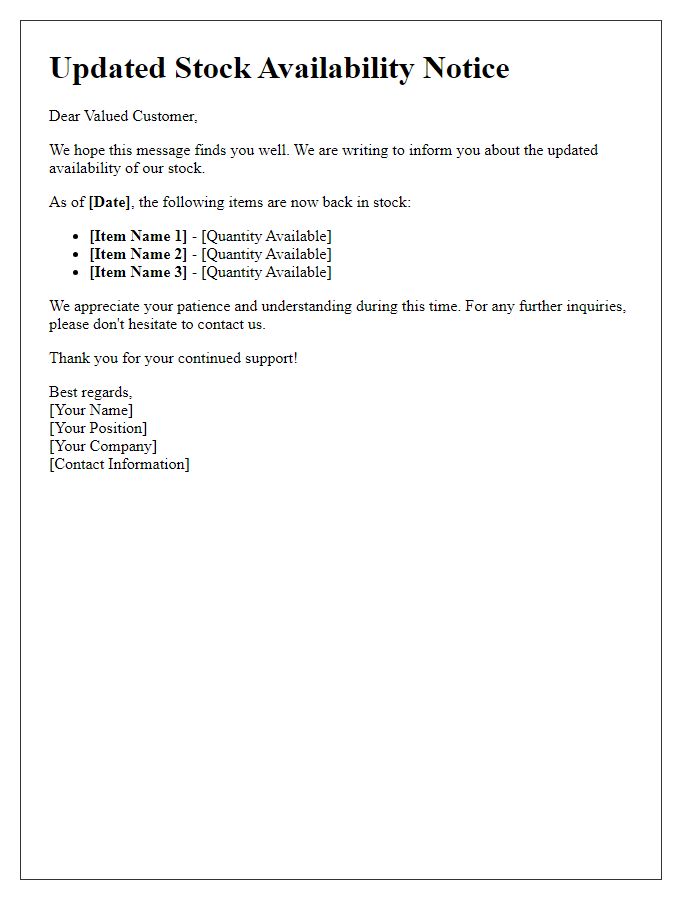 Letter template of updated stock availability notice