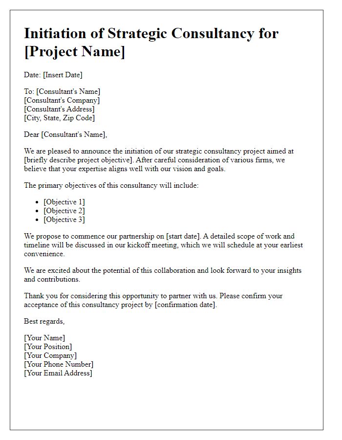 Letter template of initiating business project strategic consultancy.