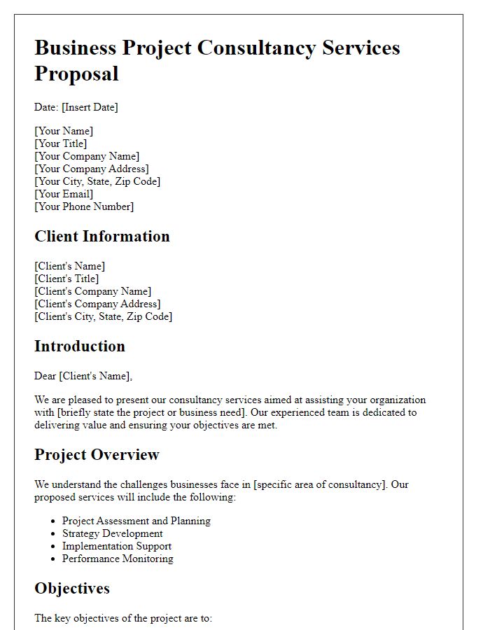 Letter template of outlining business project consultancy services.