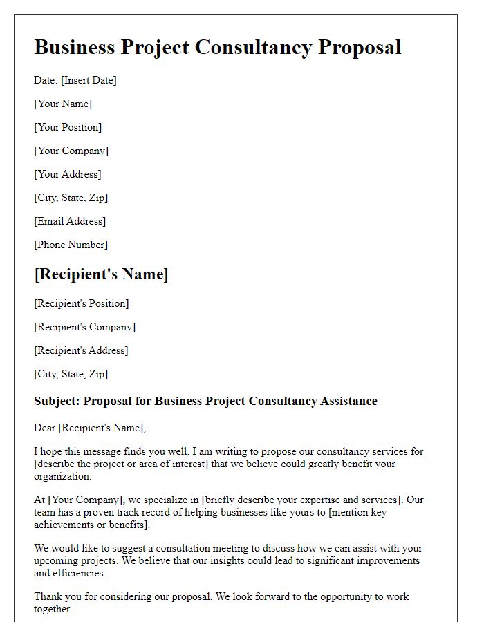 Letter template of proposing business project consultancy assistance.