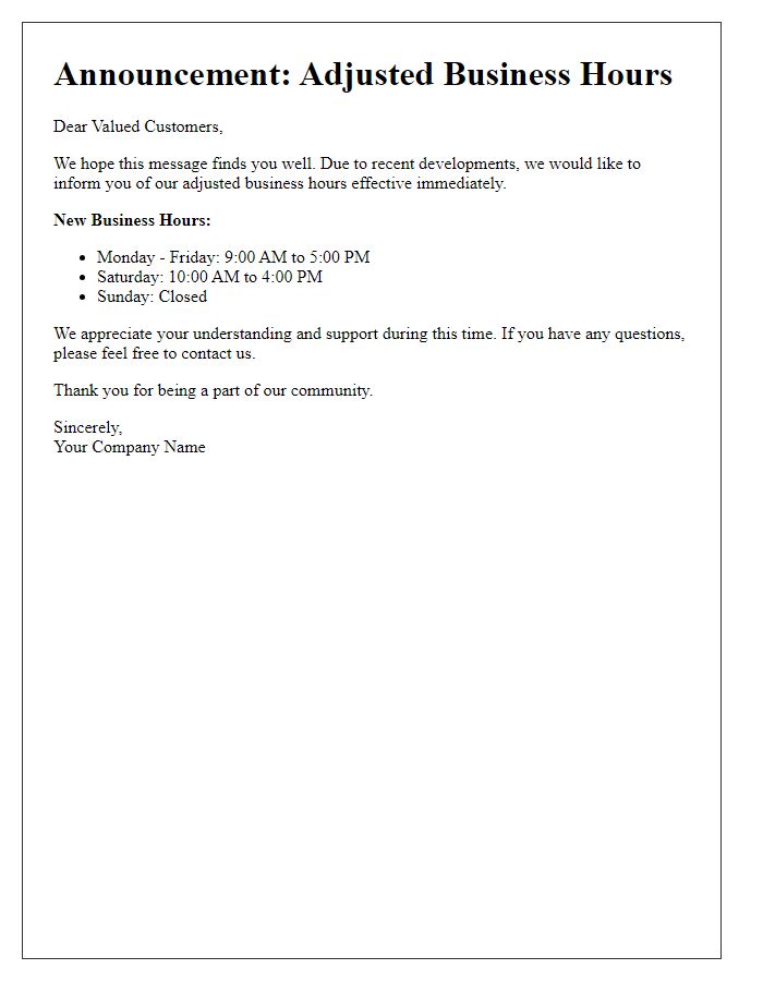 Letter template of adjusted business hours announcement