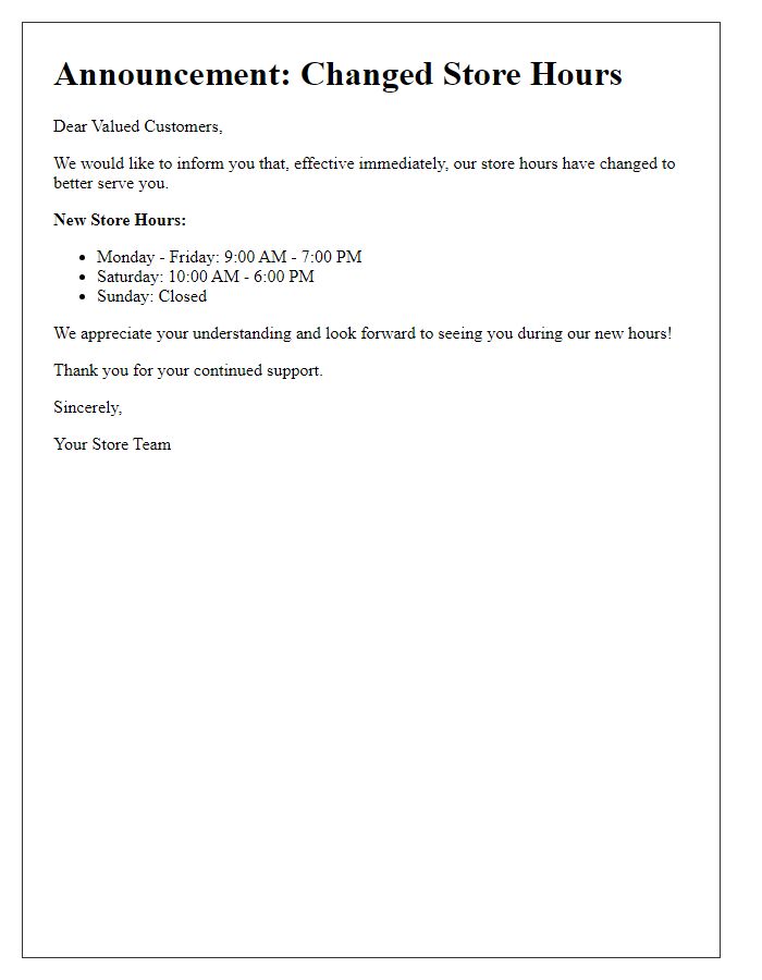 Letter template of announcement on changed store hours