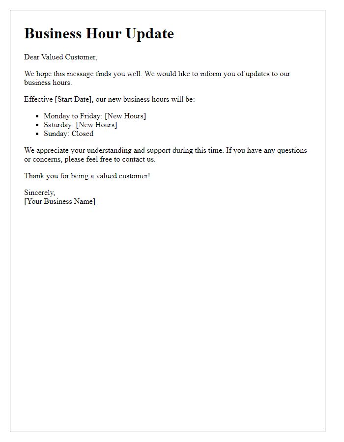 Letter template of business hour updates for customers