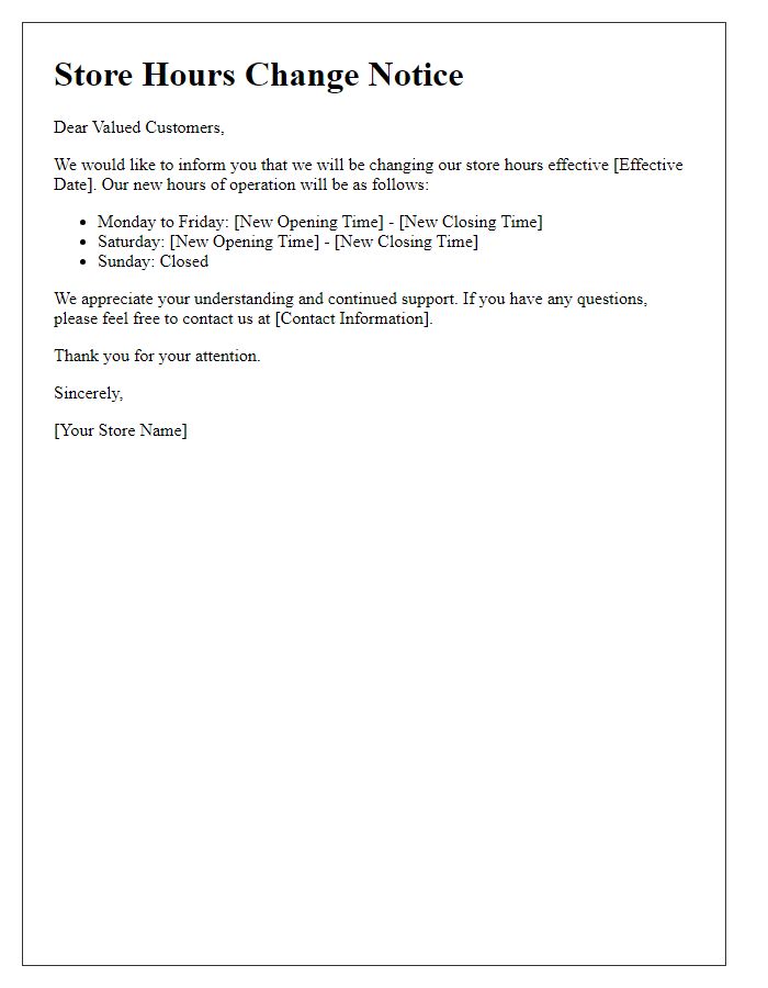 Letter template of store hours change notice