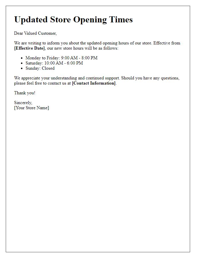 Letter template of updated store opening times