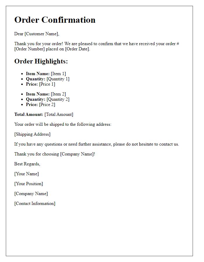 Letter template of confirmation for order and highlights