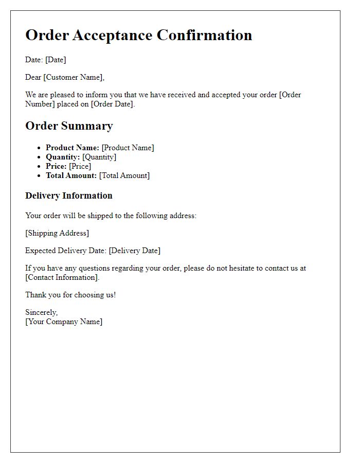 Letter template of order acceptance and overview summary