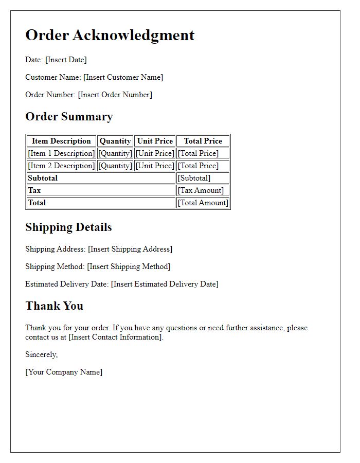 Letter template of order acknowledgment and summary report