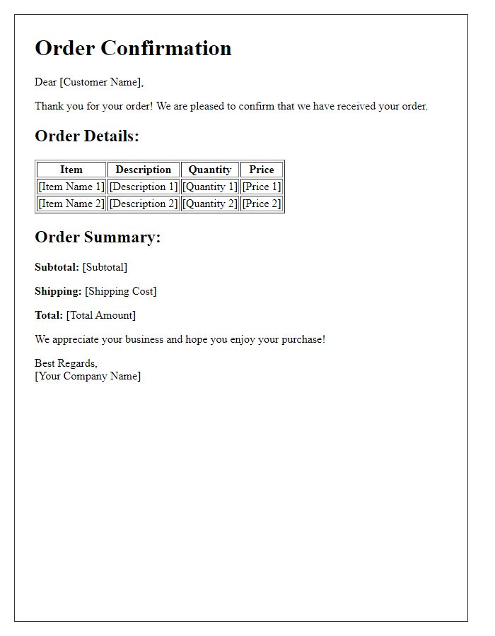 Letter template of order confirmation and detail overview