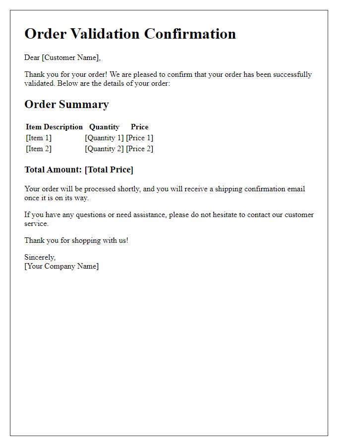 Letter template of order validation and summary details