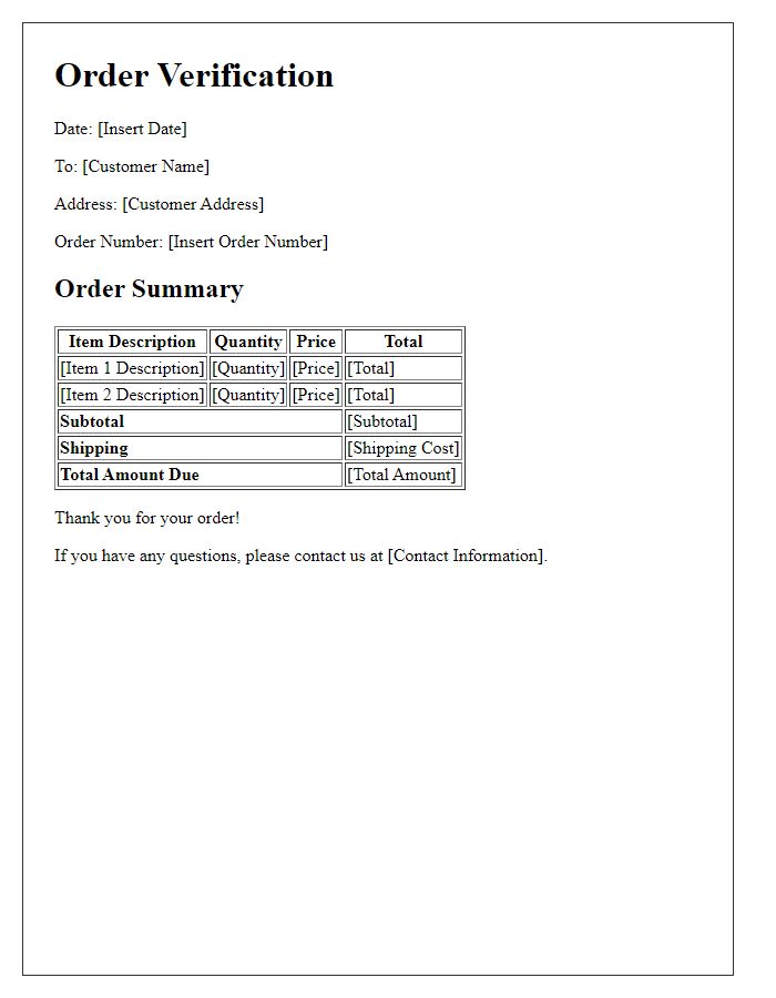 Letter template of order verification and summary list