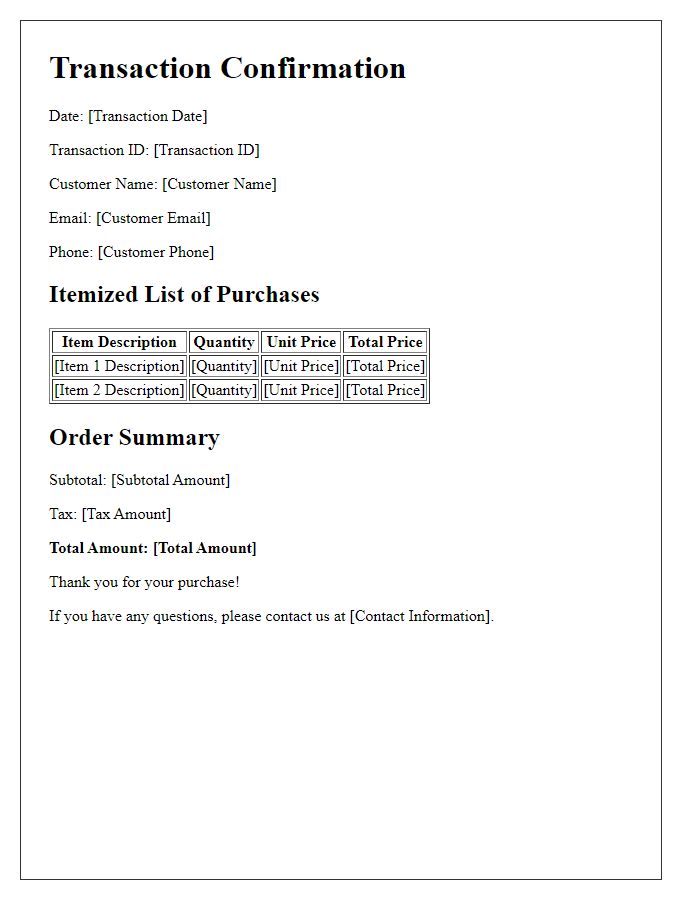 Letter template of transaction confirmation and itemization