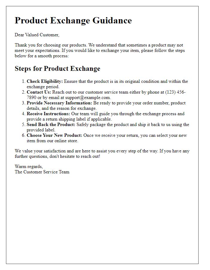 Letter template of customer-friendly product exchange guidance