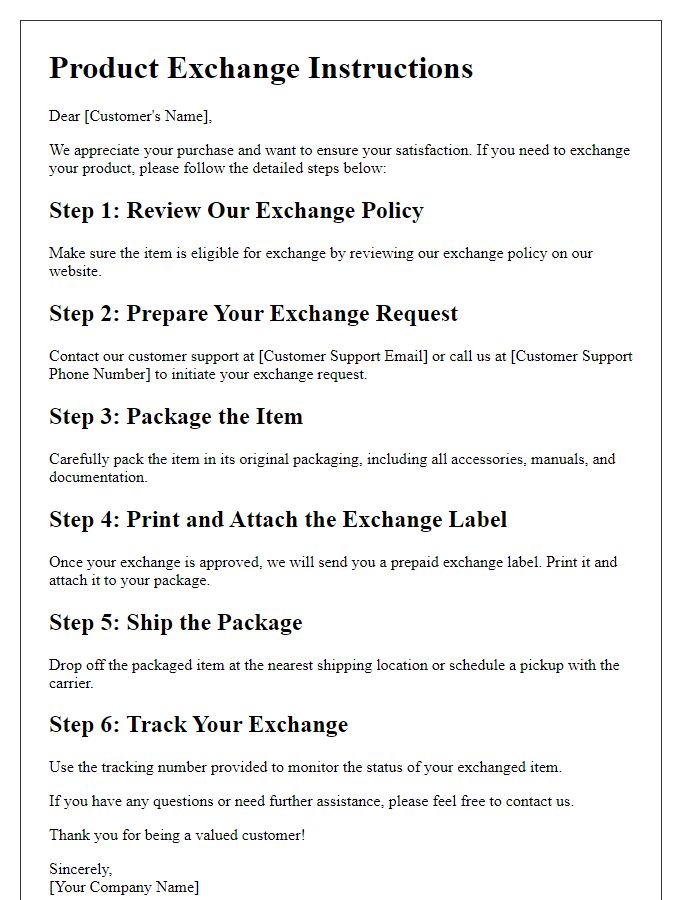 Letter template of detailed product exchange steps