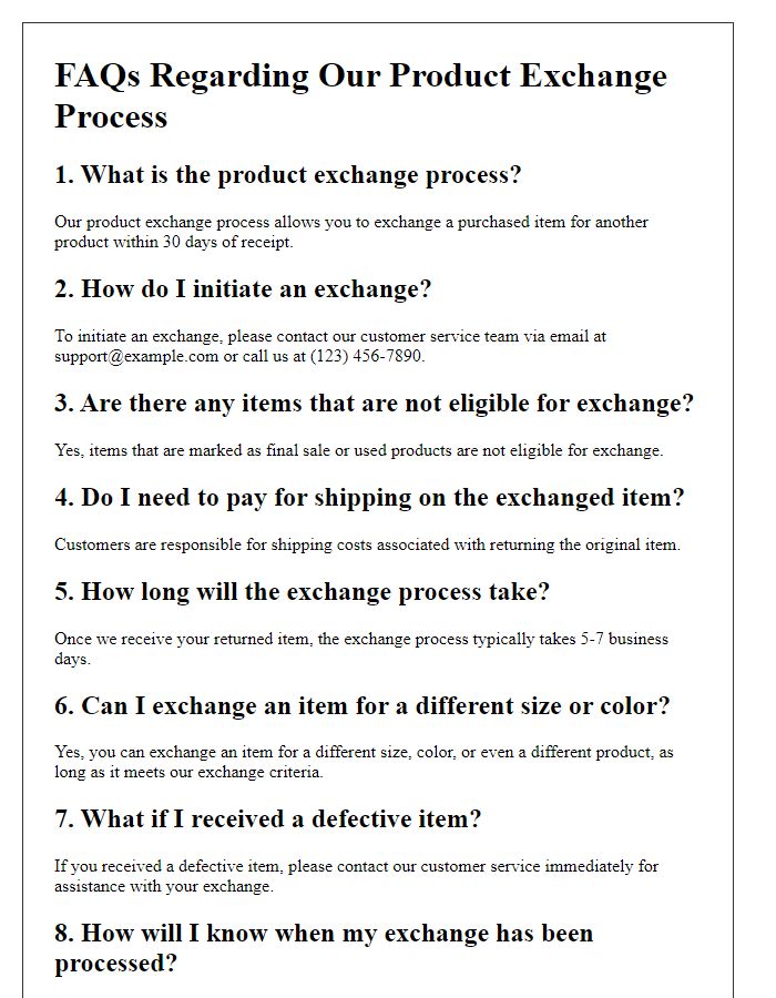 Letter template of FAQ for product exchange process