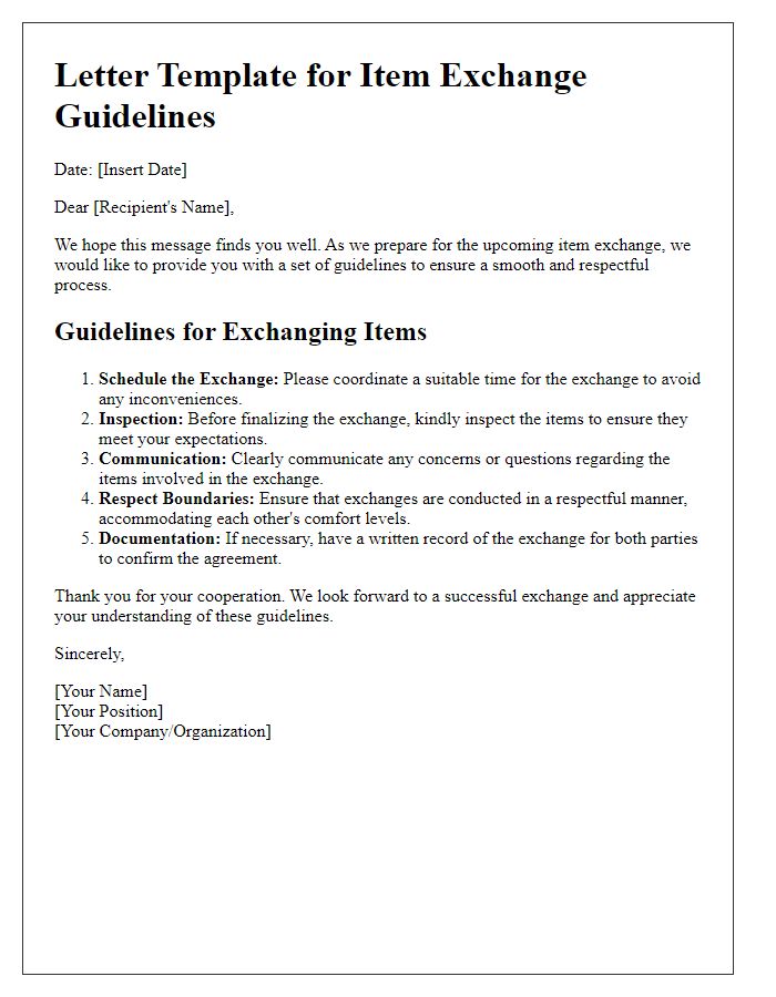 Letter template of guidelines for exchanging items