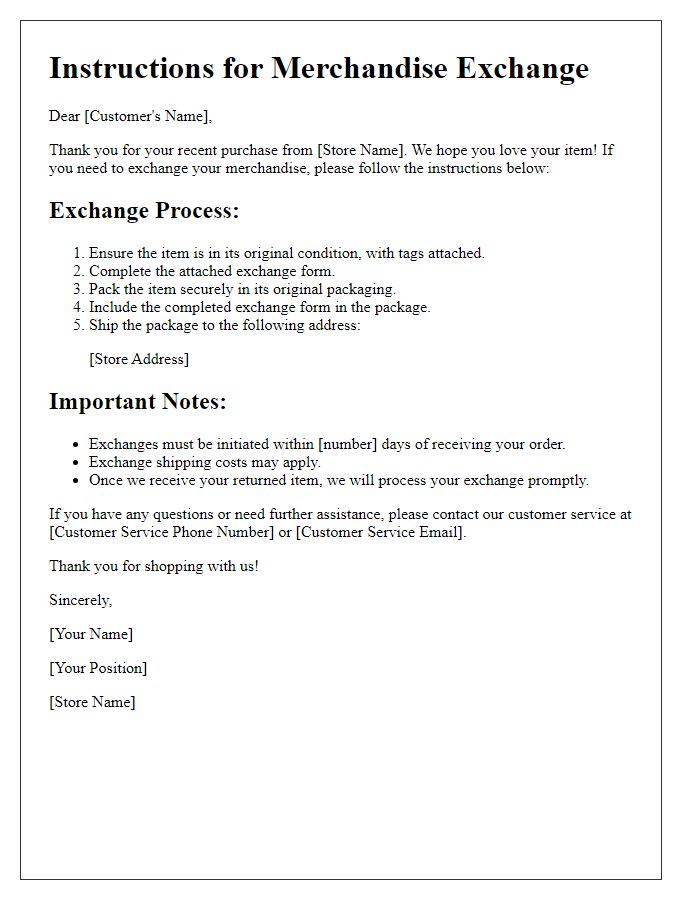 Letter template of instructions for merchandise exchanges